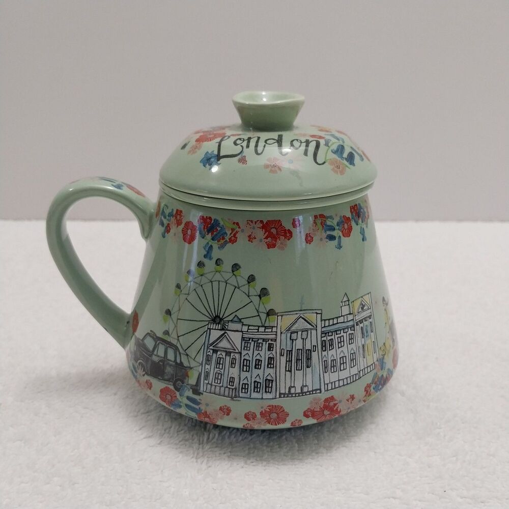 Covered TEA CUP With infuser London Green World Market Made In China #C029 - Picture 3 of 10